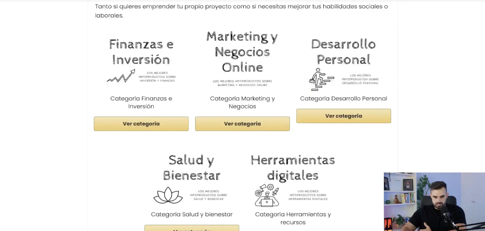 Captura de las categorías de Hotmart sobre marketing, finanzas y desarrollo personal que se utilizan dentro del curso Partner 360