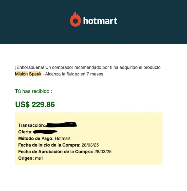 Comprobante de pago de 229 dólares generados con el curso Misión Speak gracias al método de afiliación de Partner 360