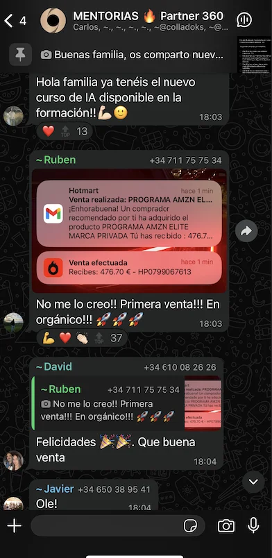 Captura del grupo de mentorías de Partner 360 donde un alumno celebra su primera venta orgánica, mostrando los resultados reales y el ambiente motivador de la comunidad