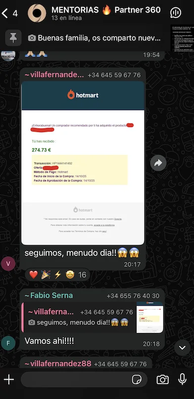 Conversación en el grupo de mentorías de Partner 360 donde los alumnos comparten sus resultados y ventas reales, reflejando el apoyo y la motivación dentro de la comunidad