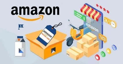 Ilustración del modelo Private Label en Amazon FBA con cajas, etiquetas y productos para vender con marca propia