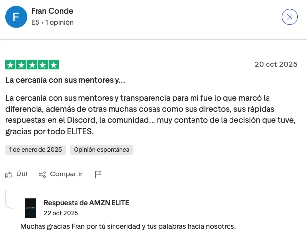 Testimonio de Fran Conde sobre AMZN Elite, valorando la cercanía con los mentores y la rapidez del soporte en Discord