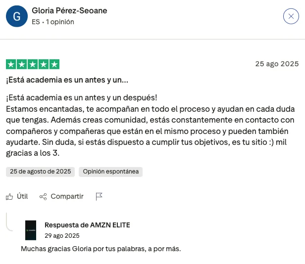 Opinión de Gloria Pérez sobre el curso AMZN Elite destacando el acompañamiento y la comunidad de apoyo dentro del programa
