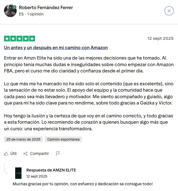 Opinión real de un alumno sobre el curso AMZN Elite publicada en Trustpilot destacando la experiencia positiva con Gaizka y Víctor
